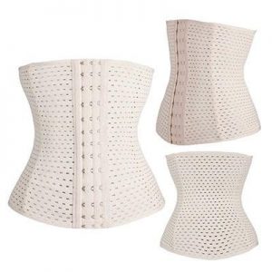 Three white corsets on white background.