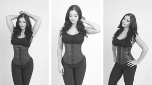 Model showing black LaTeX waist trainer