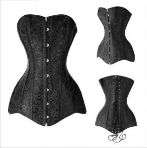 Three black overbust long-line corsets on white background.