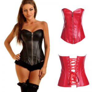 Model with black corset and red corsets beside on the white.