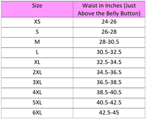 Specific waist size chart