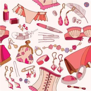 Woman accessories seamless pattern, underwear, cosmetics, jewelry, fashion background.