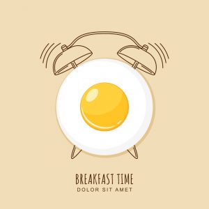 Fried egg and outline alarm clock, vector illustration of breakfast. 