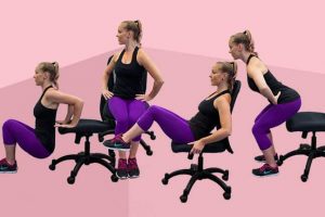 Woman showing the chair workouts on pink background