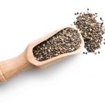 Chia seeds in scoop on white background.