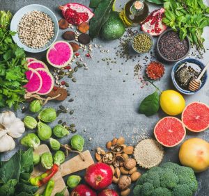 Clean eating concept over grey concrete background