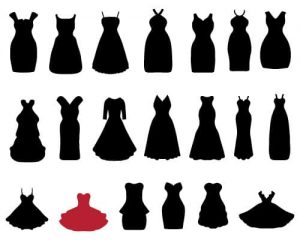 Silhouettes of corset dresses on white background