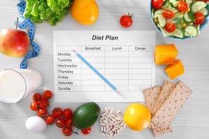 Sheet of Diet Plan and fresh products on wooden table, top view.