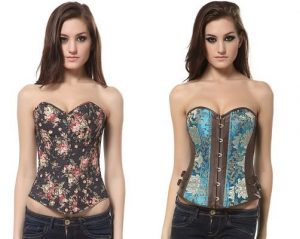 Two models wearing overbust corsets on white background.