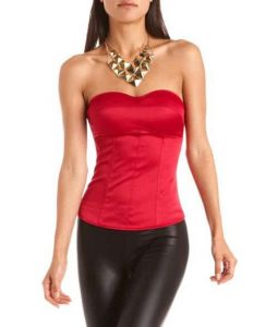 Red satin corset top with pants