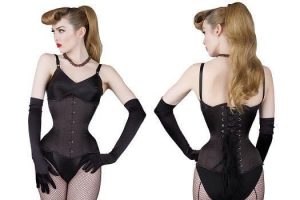 Woman wearing black steel boned corset