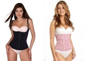 Waist cincher and corset with model on white background.