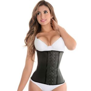 Model with luxury classic black latex waist cincher on the white.